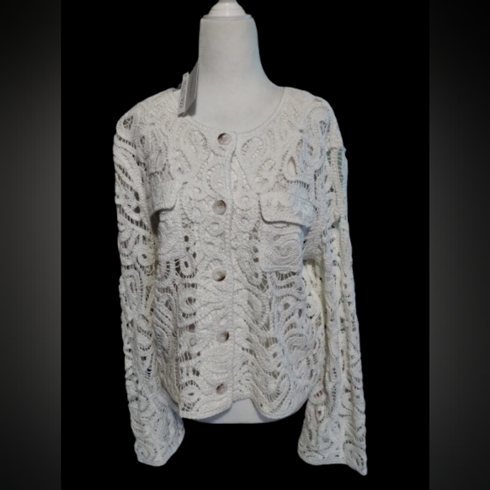 New "NWT" Jason Wu Ivory Lace Button Down Cardigan 100% Cotton Size Large